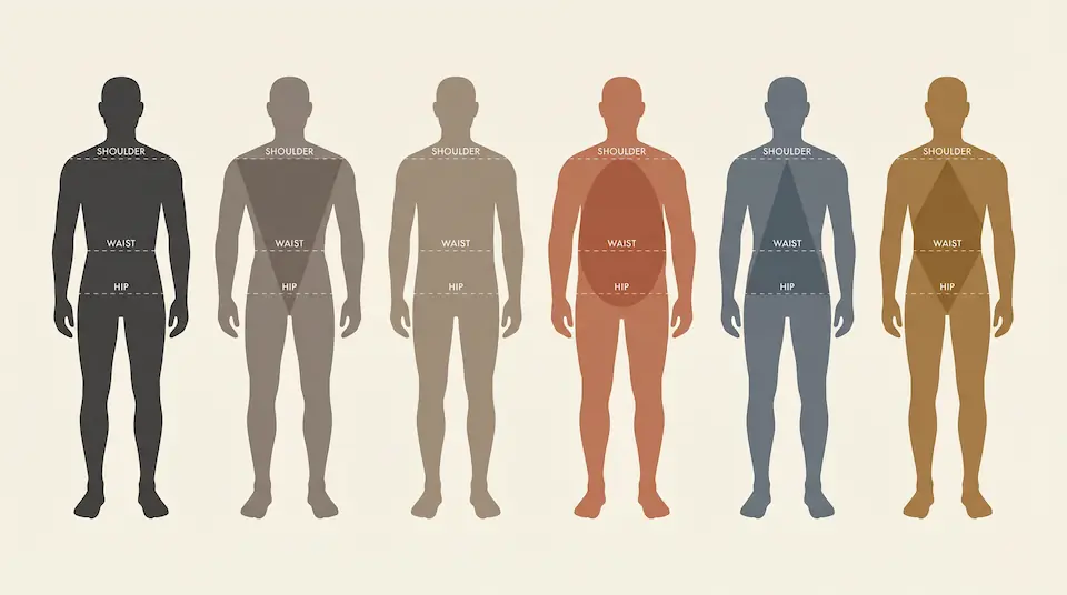 Six men's body shape silhouettes -- trapezoid, inverted triangle, rectangle, oval, triangle, and rhomboid -- with proportion markers