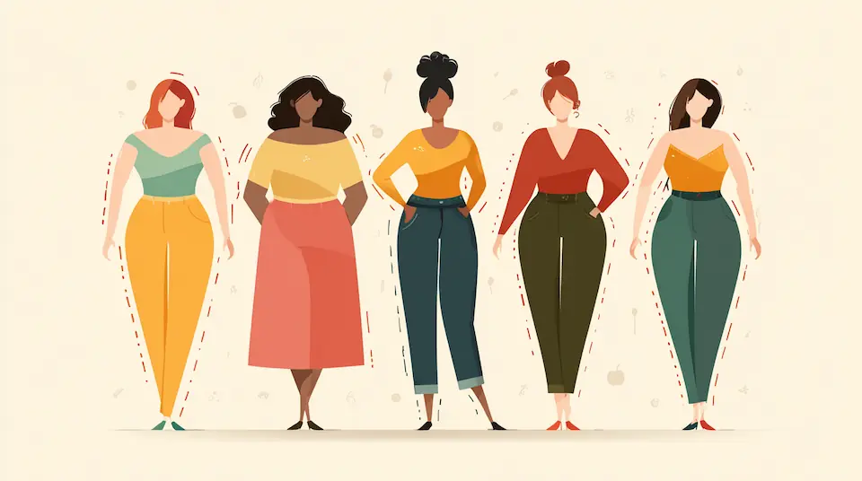 Six women's body shape silhouettes -- hourglass, pear, inverted triangle, rectangle, apple, and spoon -- with proportion markers