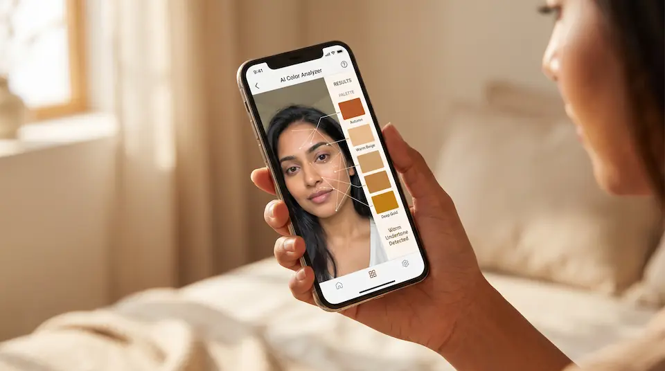 Smartphone showing AI color analysis app scanning a selfie and generating a personalized color palette
