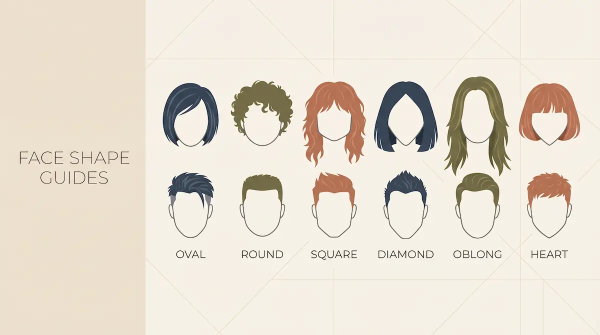 Six face shapes — oval, round, square, diamond, oblong, and heart — with recommended hairstyles for men and women