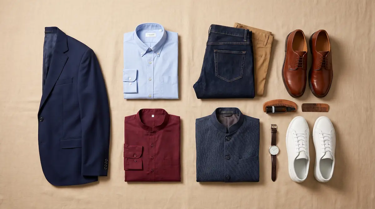 Men’s style guide flat lay showing formal blazer, casual denim jacket, kurta, grooming tools, and accessories on warm linen background