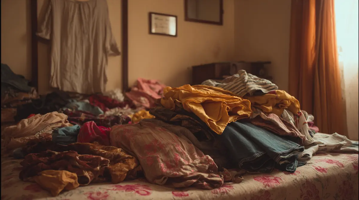 Overflowing wardrobe with unworn clothing and price tags, illustrating wardrobe waste in Indian households