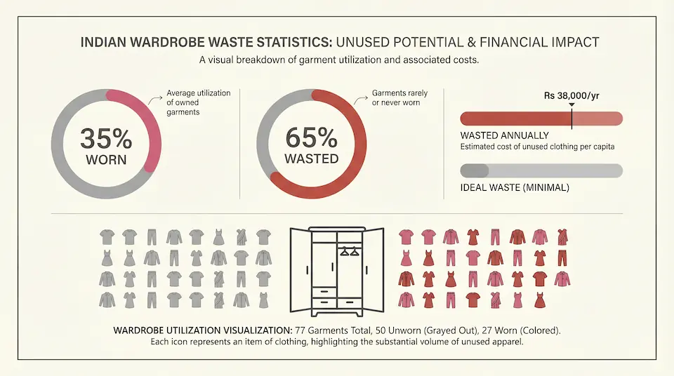 Infographic showing Indian wardrobe waste: 35% worn, 65% wasted, Rs 38,000 per year lost on unworn clothing