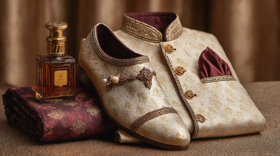 Indian wedding reception menswear flat lay with silk sherwani, churidar, pocket square, brooch, and mojari shoes