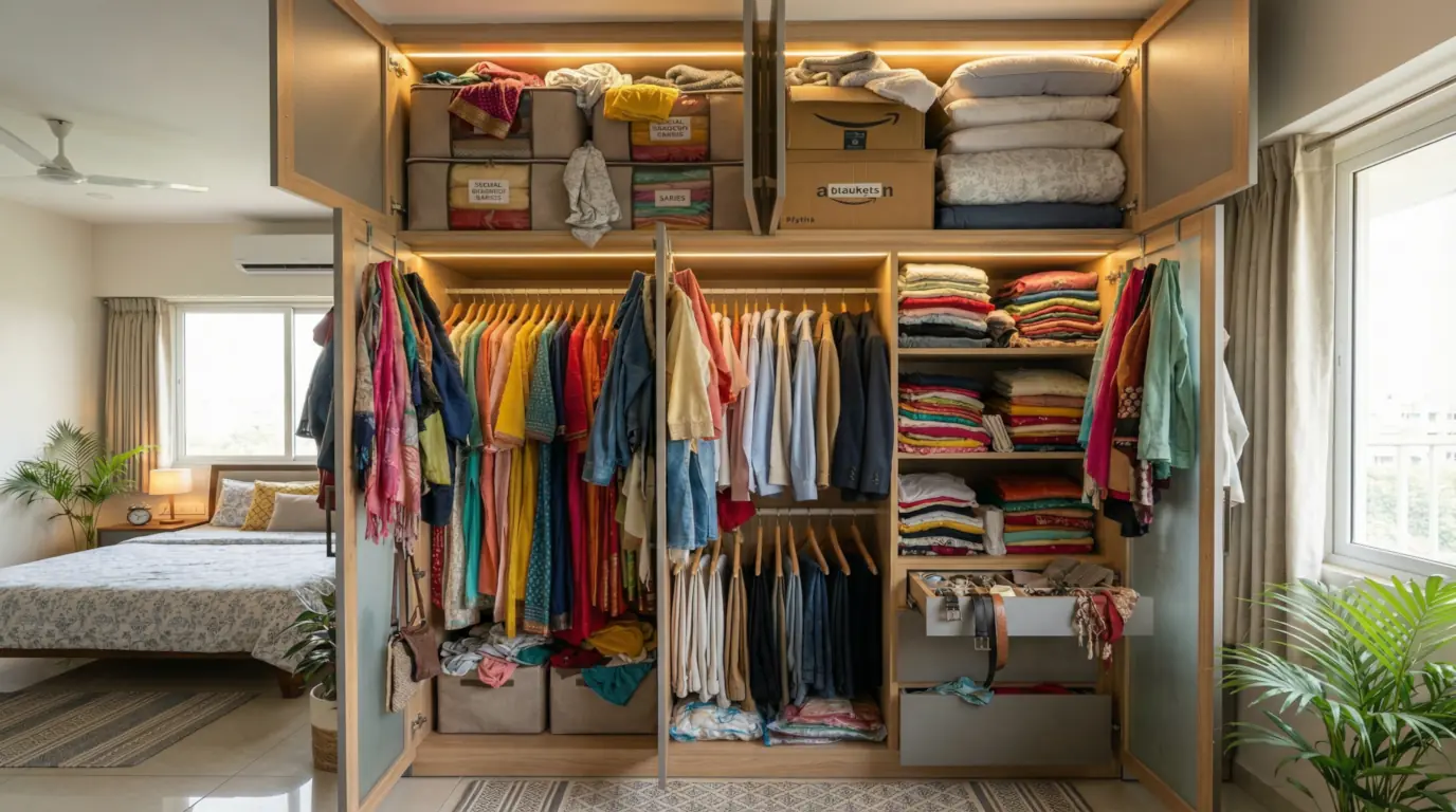 Overstuffed wardrobe with unworn clothes