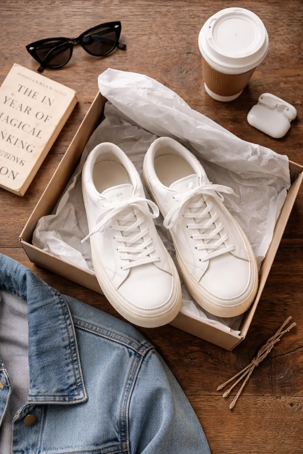 Flat-lay: clean white sneakers, book, wireless earbuds, sunglasses, denim jacket edge.