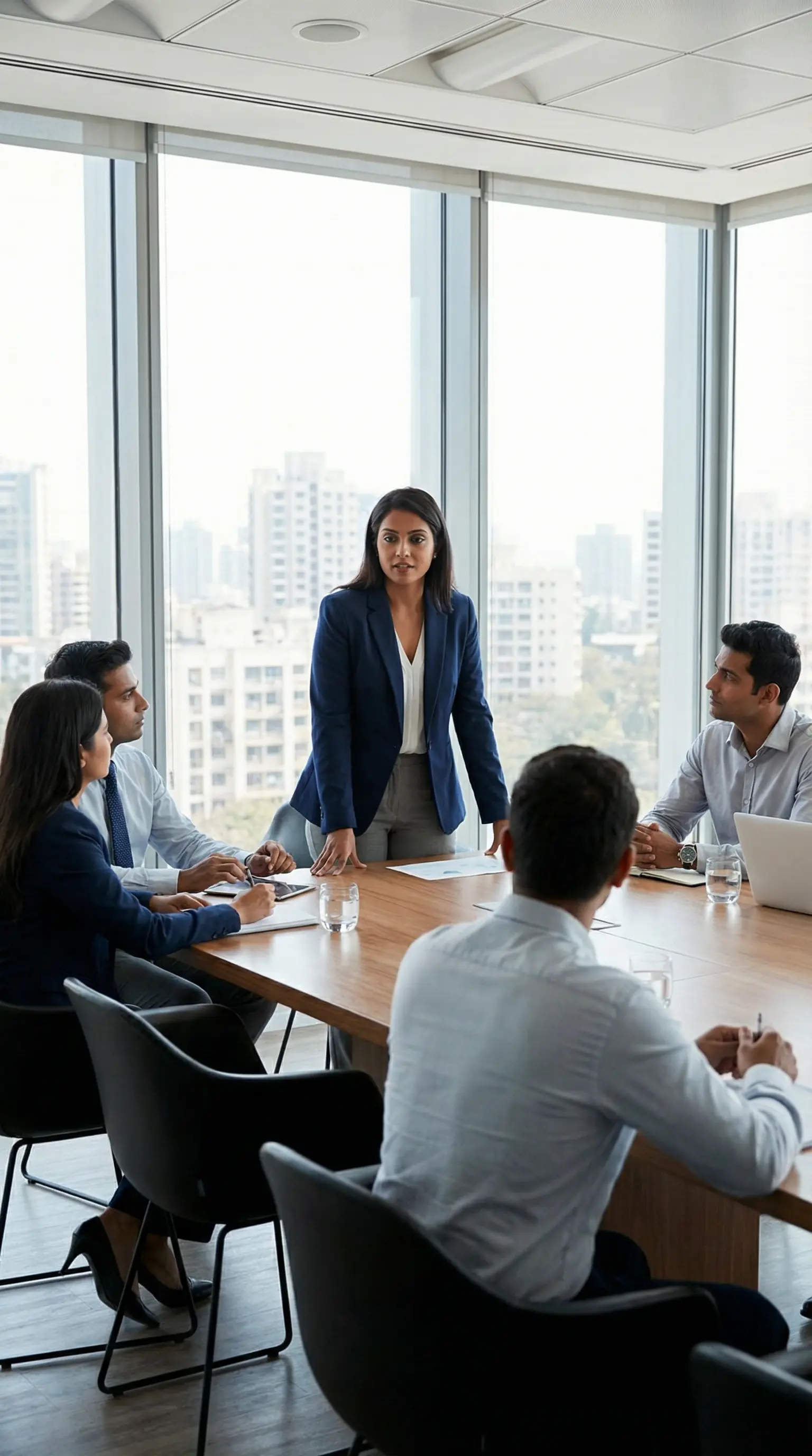 Modern corporate office — sunlit open-plan space, floor-to-ceiling glass, person in sharp tailored business attire