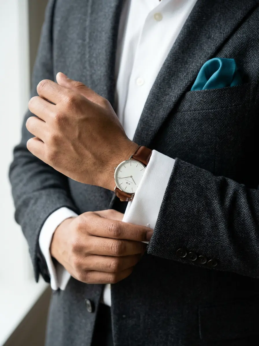 Tailored blazer sleeve with crisp cuff, quality watch, pocket square fold.