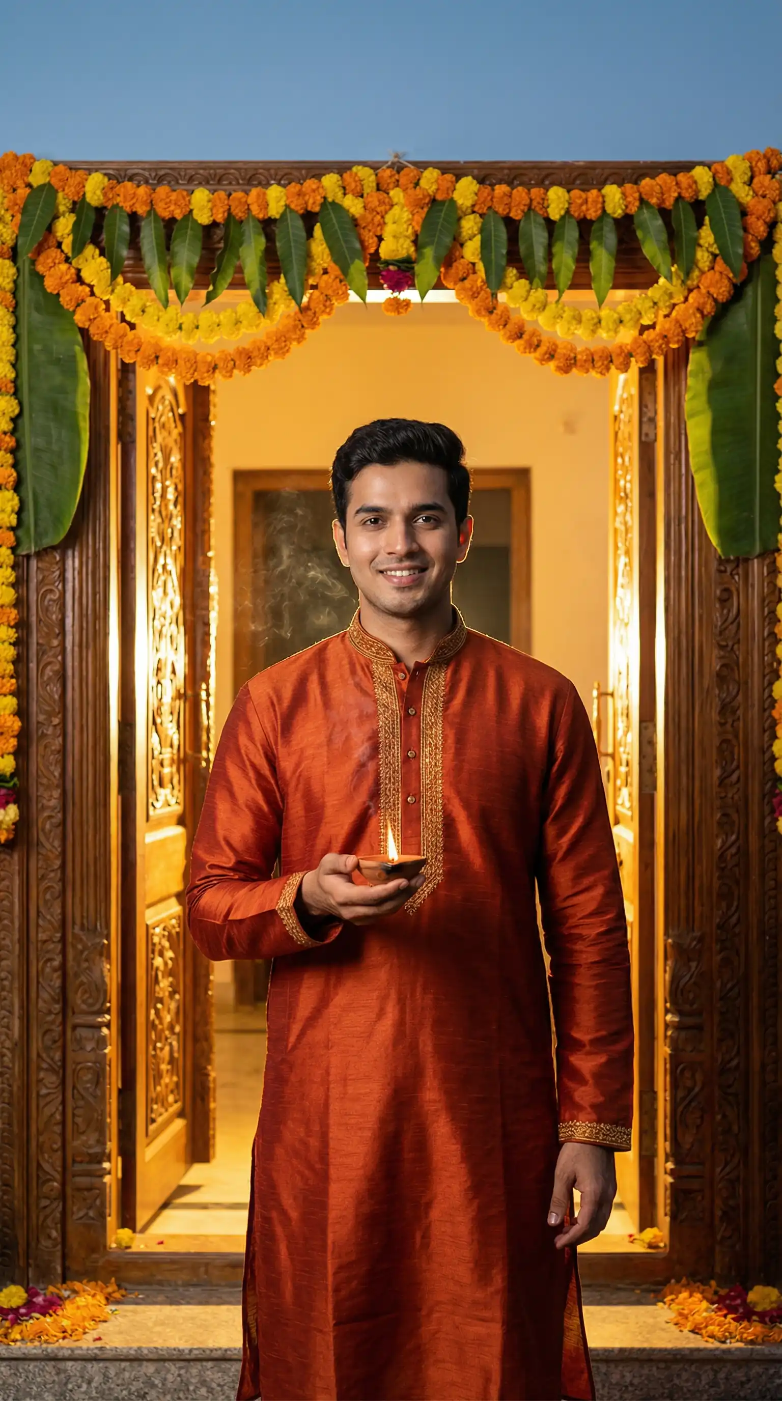 Diwali evening — richly decorated courtyard with hundreds of lit diyas, warm string lights overhead, vibrant rangoli, family group in festive attire