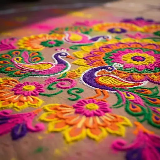 Close-up: lit brass diyas on marble, scattered marigold petals, silk fabric edge.