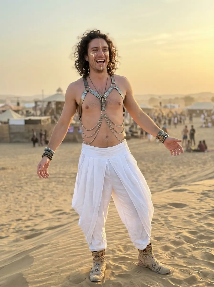 Festival Fusion — Burning Man meets Indian wedding — metallic body chains, flowing white dhoti pants, desert boots