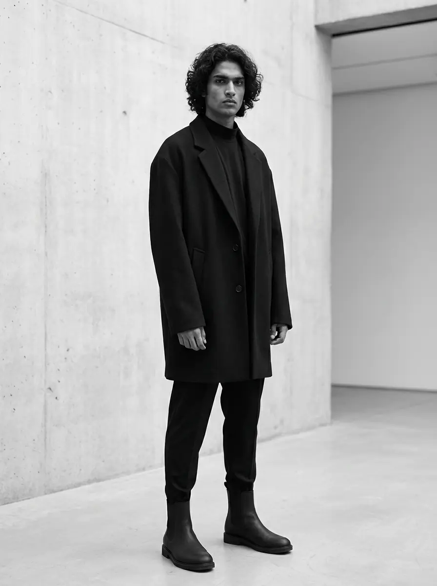 Minimal Monochrome — All-black minimal outfit — clean lines, no accessories, architectural silhouette