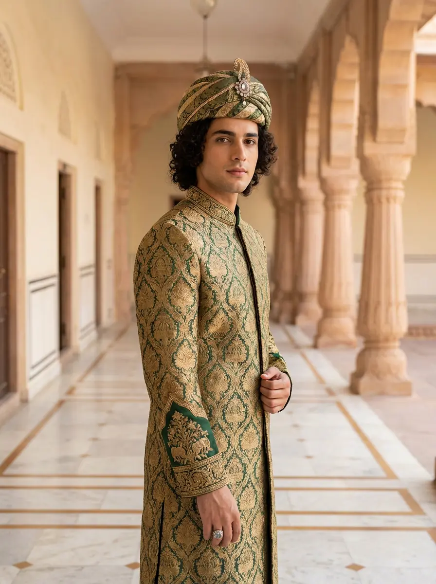 Royal Heritage — Mughal-era inspired outfit for a palace photoshoot — rich brocade, jeweled turban, antique gold