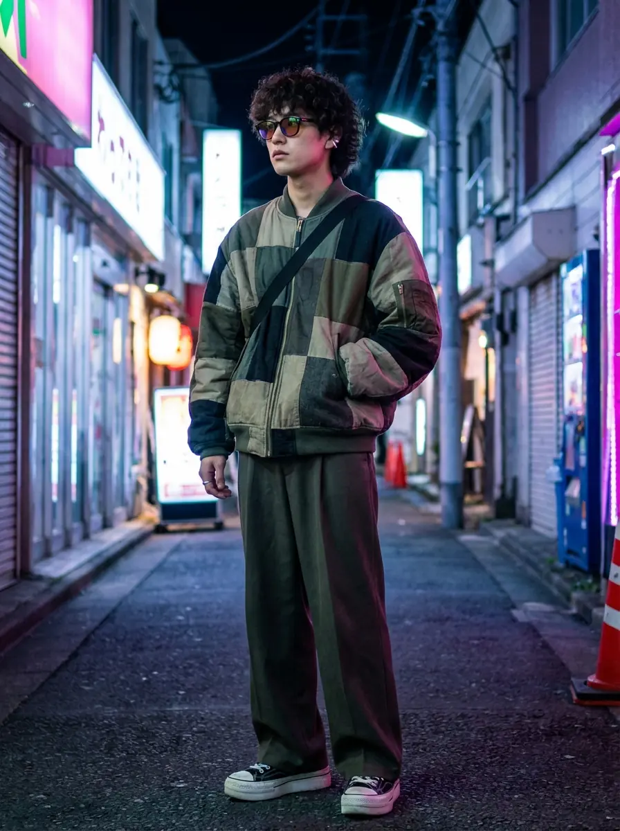 Street Style Tokyo — Harajuku-inspired streetwear meets Indian handloom — oversized jacket, bold sneakers, handwoven scarf