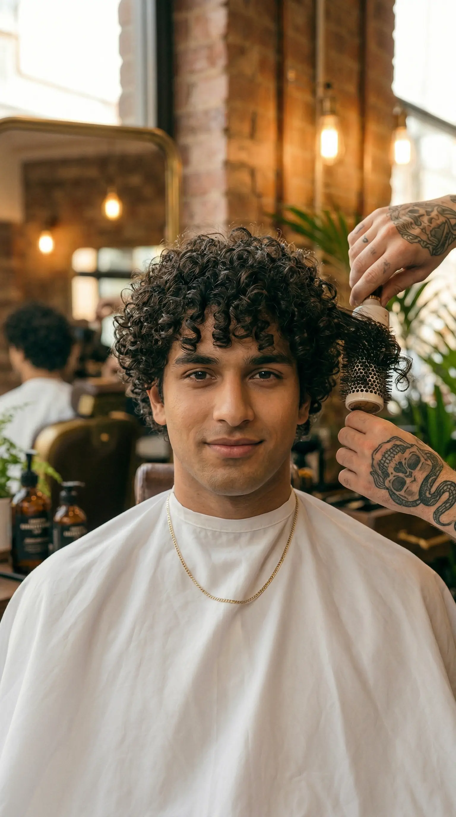 Split editorial portrait — natural unstyled appearance vs precision haircut and polished grooming, clean studio lighting