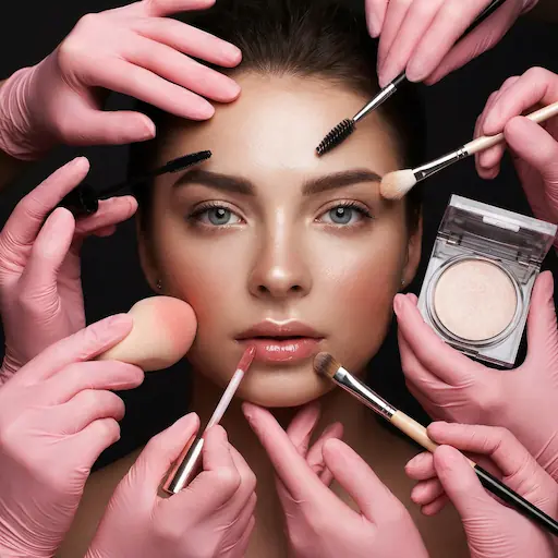 Close-up: professional scissors and comb on marble, freshly cut hair strands.
