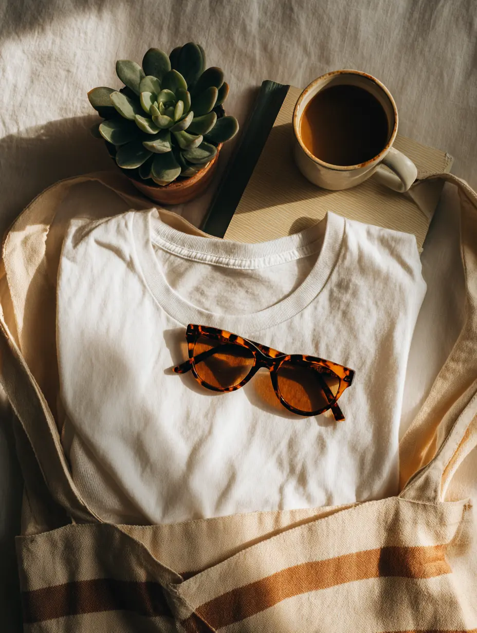 Flat-lay: clean white tee, sunglasses, tote bag, book, coffee cup on warm linen.