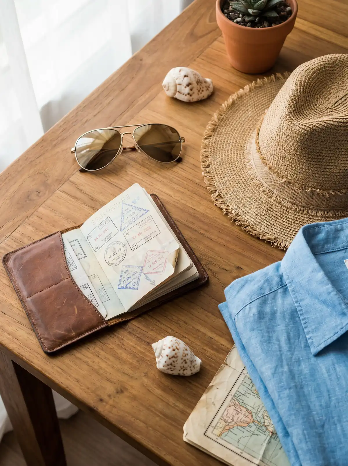 Flat-lay: leather passport holder, sunglasses, straw hat, linen shirt on warm wood.
