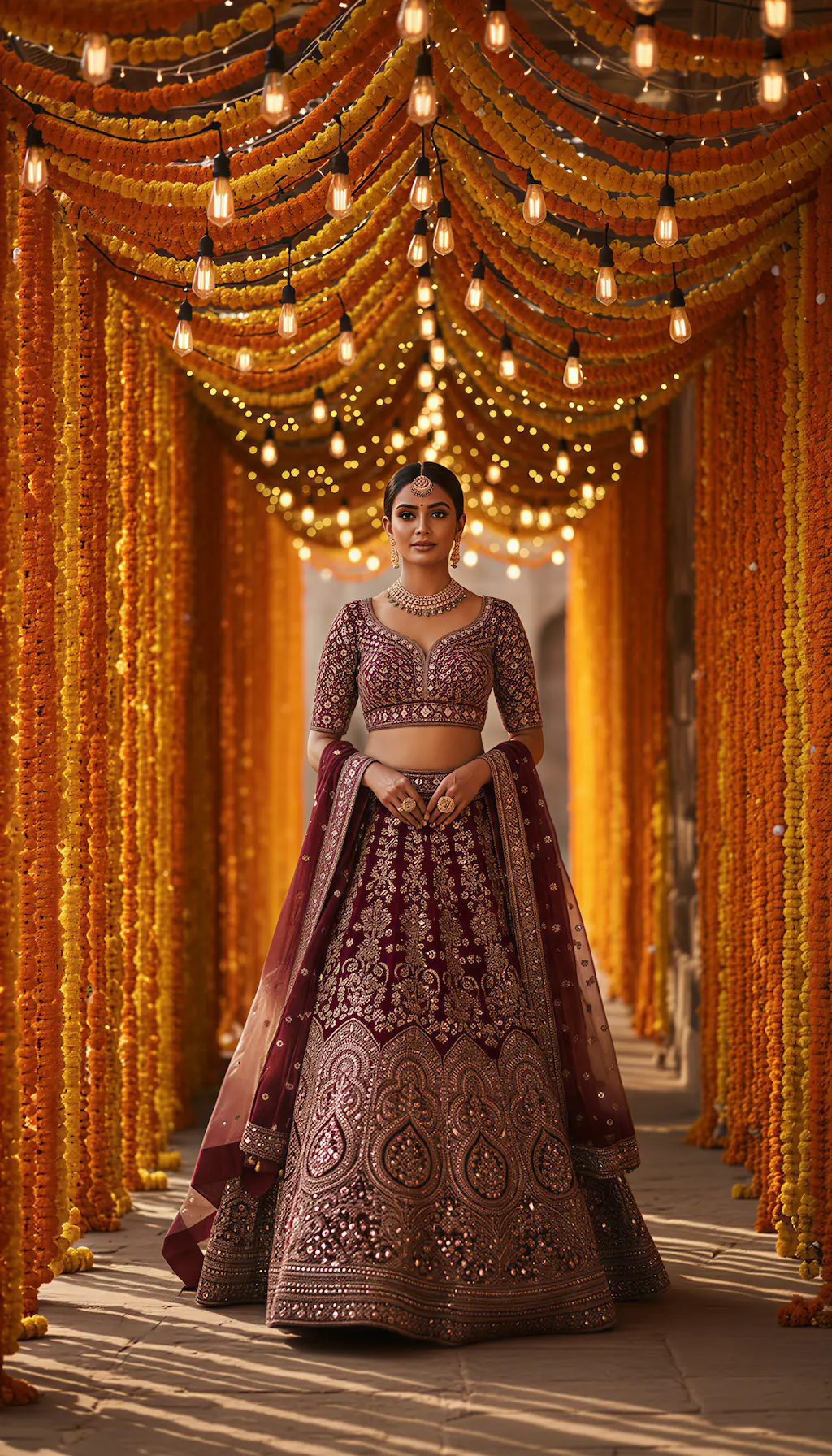 Grand Indian wedding venue at golden hour — palace courtyard, string lights, marigold garlands, guests in diverse wedding attire